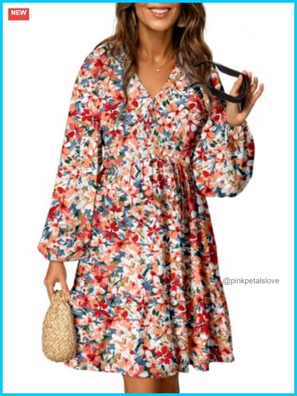 Boho V Neck Smocked Elastic Waist Long Sleeve A-Line Mini Dress